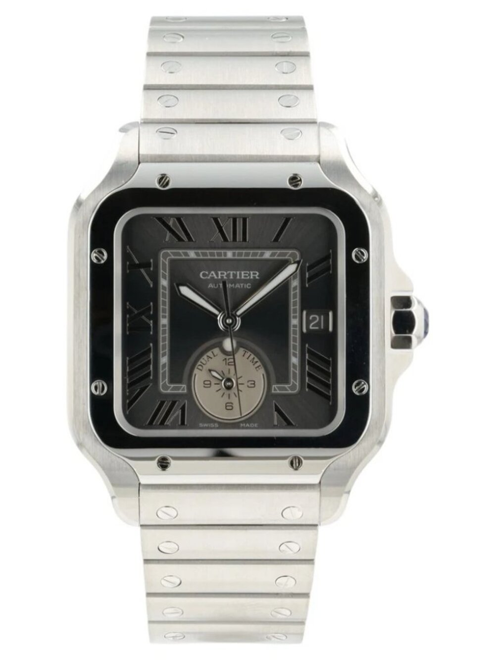 Cartier Santos Dual Time Gray Dial Steel 40.2mm Automatic Mens Watch WSSA0076